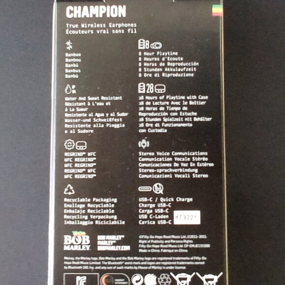 Bob Marley Champion in-Ear True Wireless Earbuds Black Model # EM-JE 131-SB  NEW - Picture 5 of 13